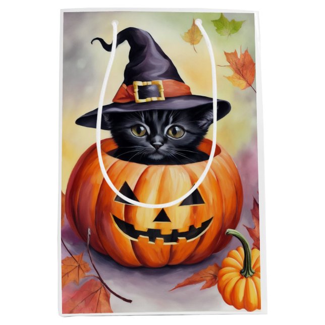 Sac Cadeau Moyen Halloween Black Kitten sorcier Casquette Citrouill (Devant)