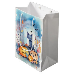 Sac Cadeau Moyen Halloween Chat Bleu Oriental Avec Peur Citrouille