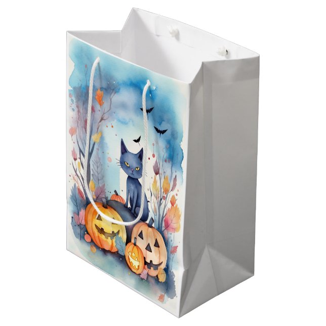 Sac Cadeau Moyen Halloween Chat Bleu Oriental Avec Peur Citrouille (Devant Angle)