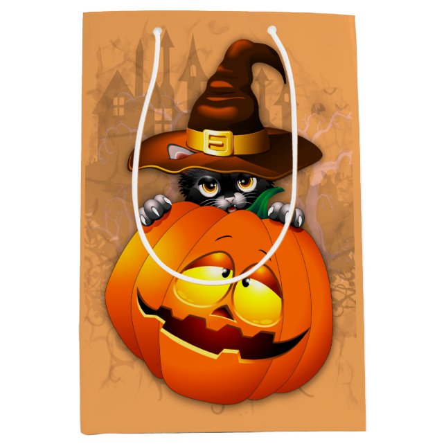 Sac Cadeau Moyen Halloween Cute Kitty Witch and Pumpkin Friend  (Devant)