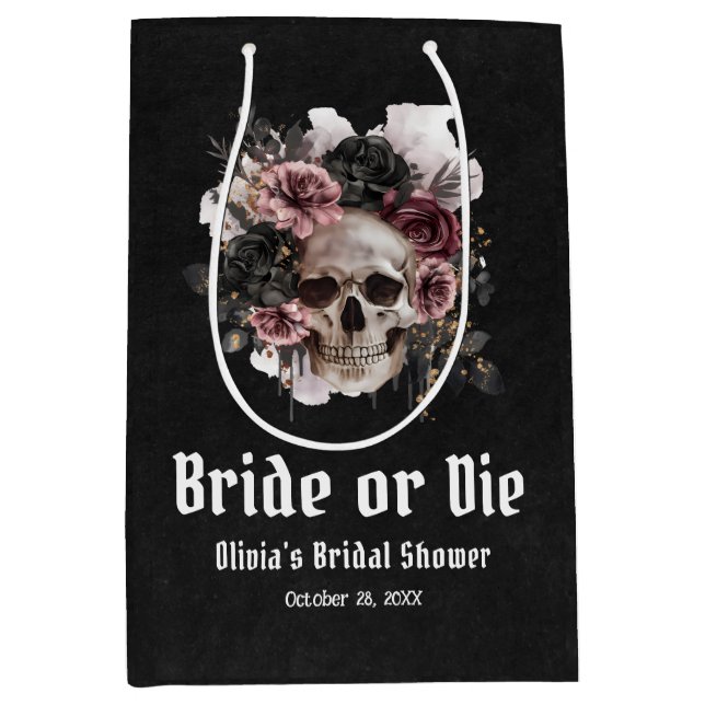 Sac Cadeau Moyen Halloween Fleur Skull Mariée ou Meure Enterrement  (Devant)