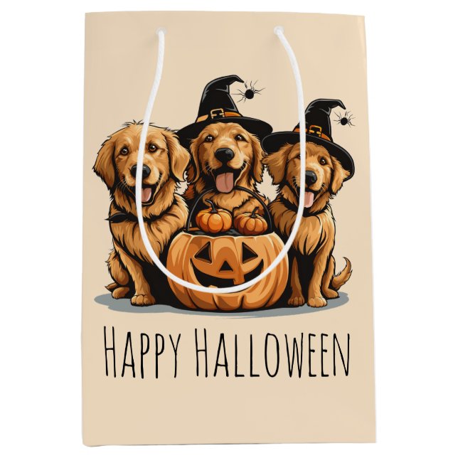 Sac Cadeau Moyen Halloween Golden Retriever Dogs Jack O Lantern (Devant)