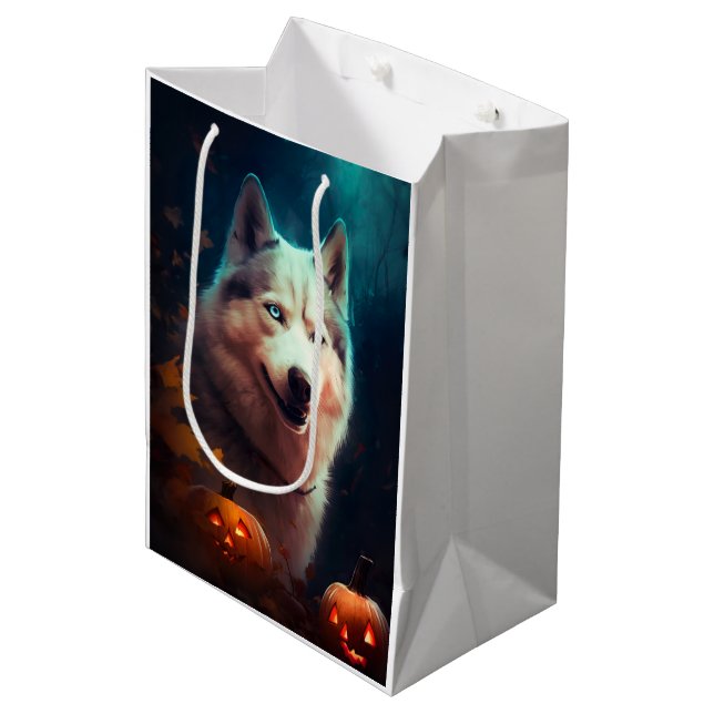 Sac Cadeau Moyen Halloween Husky Sibérien Avec La Peur Citrouille (Devant Angle)