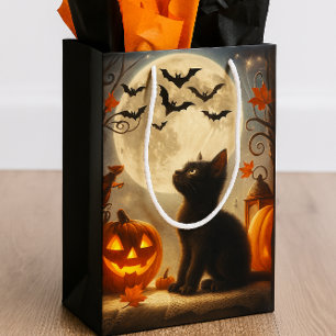 Sac Cadeau Moyen Halloween Kitten Pleine lune et chauves-souris