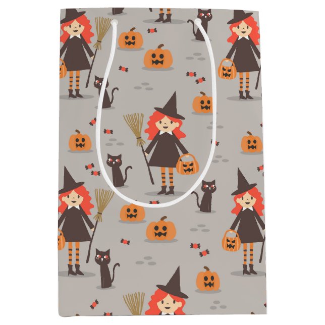 Sac Cadeau Moyen Halloween mignonne sorcière, Citrouille, Chat noir (Devant)
