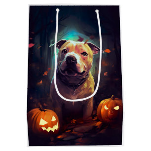 Sac Cadeau Moyen Halloween Pitbull avec la peur Citrouille