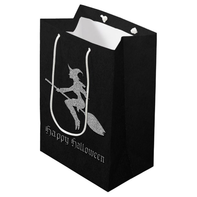 Sac Cadeau Moyen Halloween sorcière volante en argent (Devant Angle)