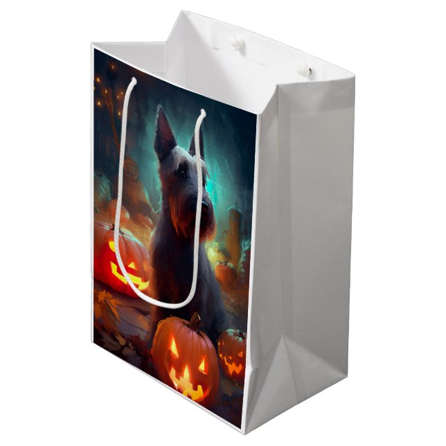 Sac Cadeau Moyen Halloween Terrier écossais avec la peur Citrouille (Devant Angle)