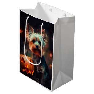 Sac Cadeau Moyen Halloween Yorkshire Terrier Avec La Peur Citrouill