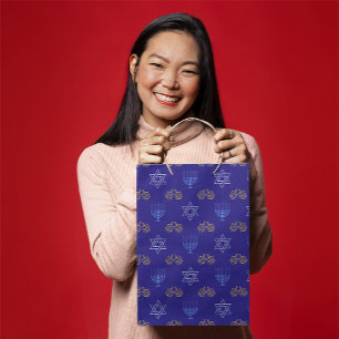Sac Cadeau Moyen Hanoukka Gold Dreidel Star de David Menorah Blue