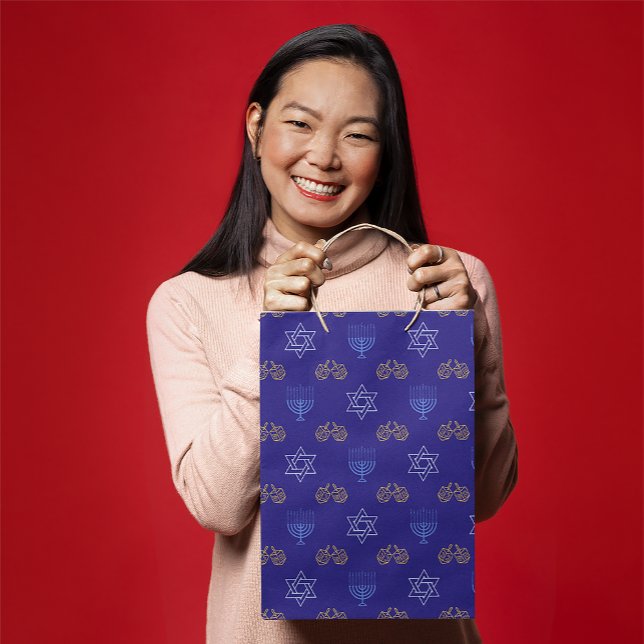 Sac Cadeau Moyen Hanoukka Gold Dreidel Star de David Menorah Blue (Créateur téléchargé)
