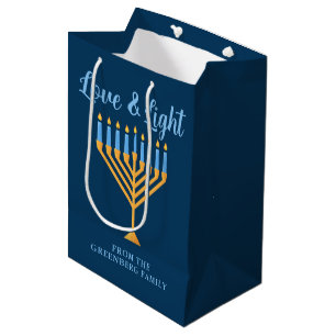 Sac Cadeau Moyen Hanoukka Love & Light Blue Gold Menorah Custom