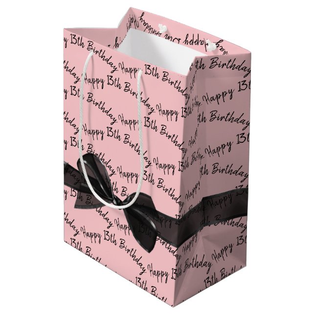 Sac Cadeau Moyen Happy 13th Birthday Black Bow On Pink (Dos Angle)