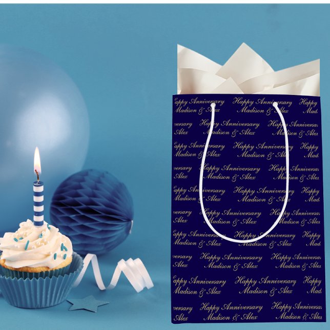 Sac Cadeau Moyen Happy Anniversary Script with Name Blue Gold (Créateur téléchargé)