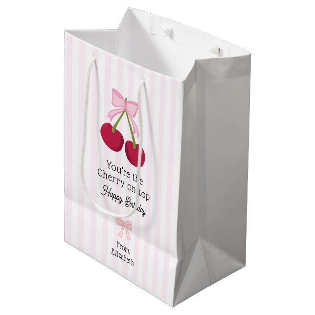 Sac Cadeau Moyen Happy Birthday Cherry on Top Coquette Stripes (Devant Angle)