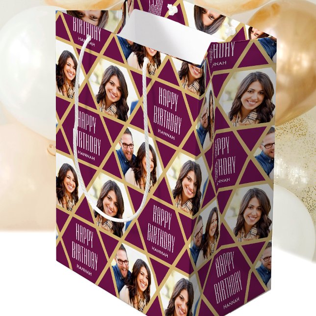 Sac Cadeau Moyen Happy Birthday Custom Photo Name Star Pattern Plum (Créateur téléchargé)