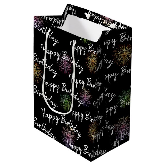 Sac Cadeau Moyen Happy Birthday fireworks on black (Devant Angle)