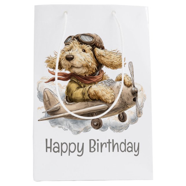 Sac Cadeau Moyen Happy Birthday Goldendoodle Dog Pilot Airplane (Devant)