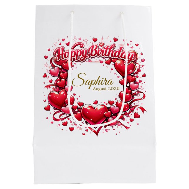 Sac Cadeau Moyen Happy Birthday Heart Frame , [Your Name]! (Custom) (Dos)