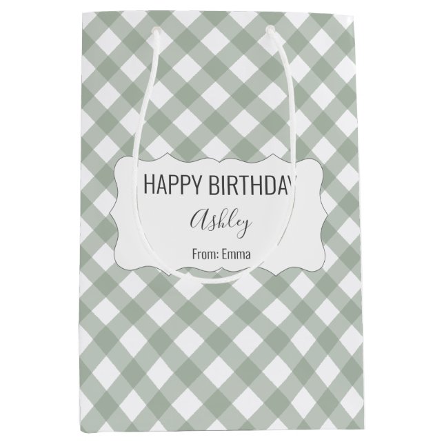 Sac Cadeau Moyen Happy Birthday + Name + From Green Gingham (Devant)