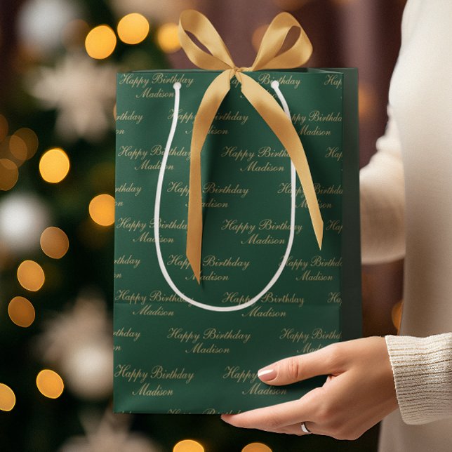 Sac Cadeau Moyen Happy Birthday Script Name Green Gold (Créateur téléchargé)