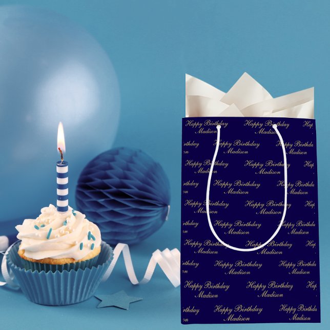 Sac Cadeau Moyen Happy Birthday Script Name Navy Blue Gold (Créateur téléchargé)