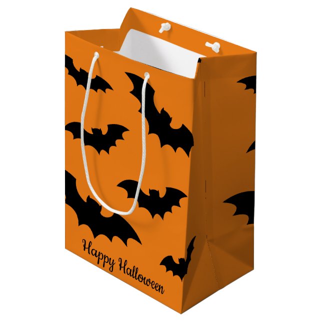 Sac Cadeau Moyen Happy Halloween en noir et orange éffrayant tirage (Devant Angle)