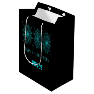 Sac Cadeau Moyen Happy Halloween neon bleu spiderweb noir