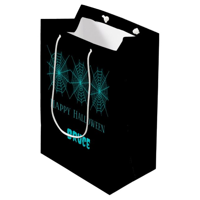 Sac Cadeau Moyen Happy Halloween neon bleu spiderweb noir (Devant Angle)