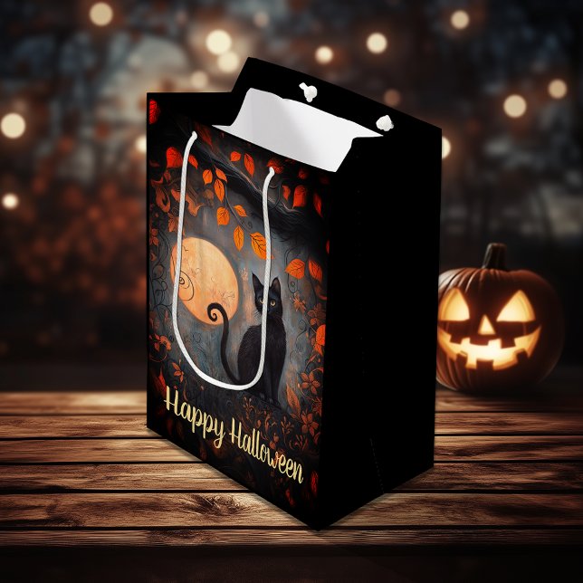 Sac Cadeau Moyen Happy Halloween Ornate Black Cat Pleine lune Autom (Happy Halloween Ornate Black Cat Full Moon Autumn Medium Gift Bag)