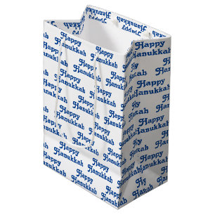 Sac Cadeau Moyen "Happy Hanoukka" bleu blanc cadeau de vacances