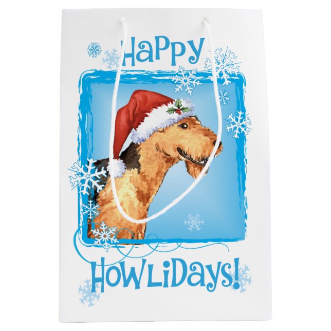 Sac Cadeau Moyen Happy Howlidays Airedale (Devant)