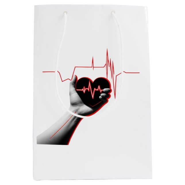 Sac Cadeau Moyen Heartbeat Love Design – Hand Holding Heart  (Devant)