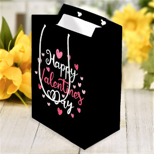Sac Cadeau Moyen Heureuse Sainte-Valentin Élégant Script Coeurs ros