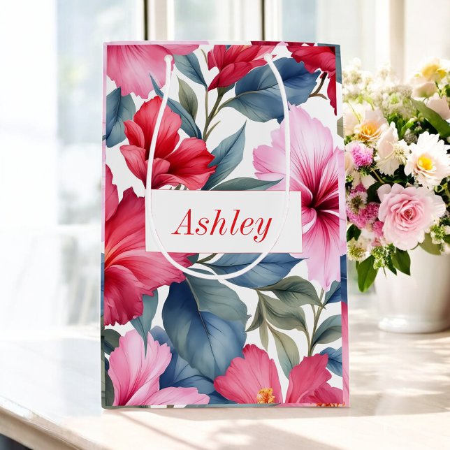Sac Cadeau Moyen Hibiscus Aquarelle Florale Rose Rouge Élégant (Créateur téléchargé)