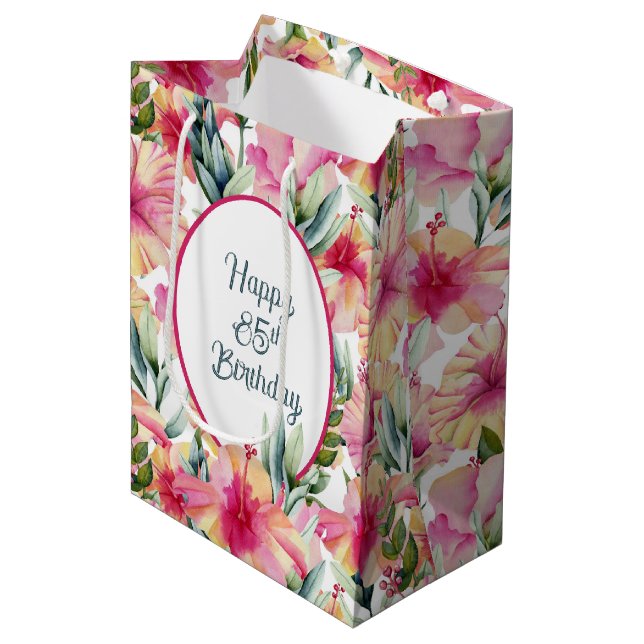 Sac Cadeau Moyen Hibiscus Flowers pour 85e anniversaire (Devant Angle)
