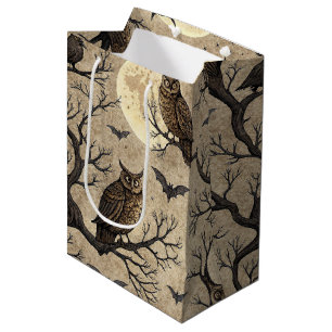 Sac Cadeau Moyen Hiboux et Lune d'Halloween Vintage