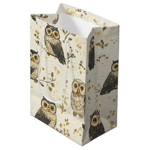 Sac Cadeau Moyen Hiboux vintage et motif botanique floral