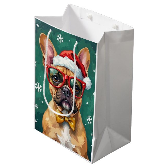 Sac Cadeau Moyen Hipster French Bulldog Santa Glasses Modern  (Devant Angle)