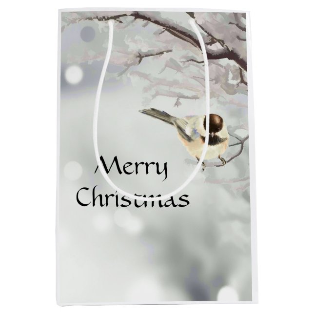 Sac Cadeau Moyen hiver Frosty Tree Chickadee Bird Noël (Devant)