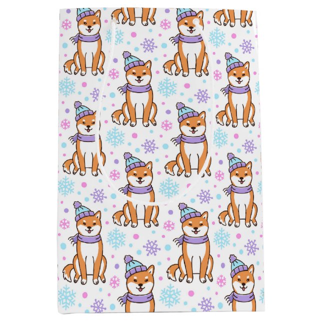 Sac Cadeau Moyen Hiver Shiba Inu Papier Tissu de Noël (Devant)