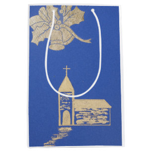 Sac Cadeau Moyen Holly brindille et cloches, église de Noël en bleu