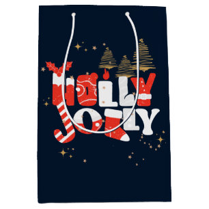 Sac Cadeau Moyen Holly Jolly Rouge Blanc Or Noël hiver