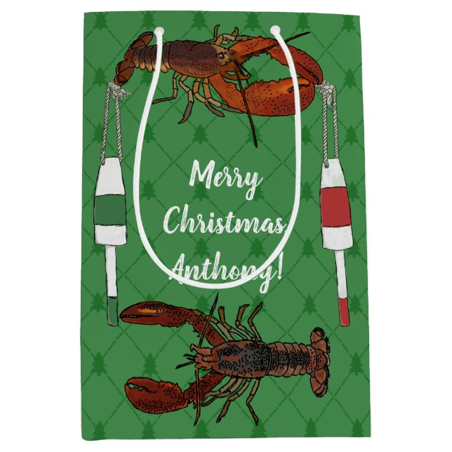 Sac Cadeau Moyen Homards et bouées de pêche sur Noël vert (Devant)
