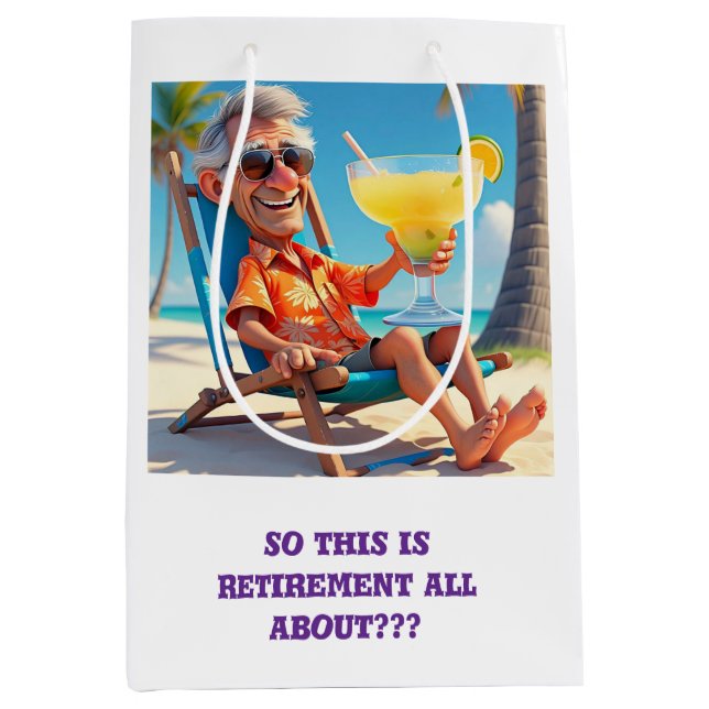 SAC CADEAU MOYEN " HOMME RETIRÉ À LA PLAGE " (Devant)