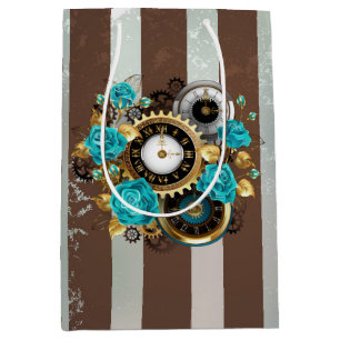 Sac Cadeau Moyen Horloge à vapeur et Roses turquoise sur le sol