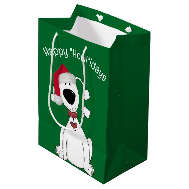 Sac Cadeau Moyen Humour de chien de Noël sur vert (Devant Angle)
