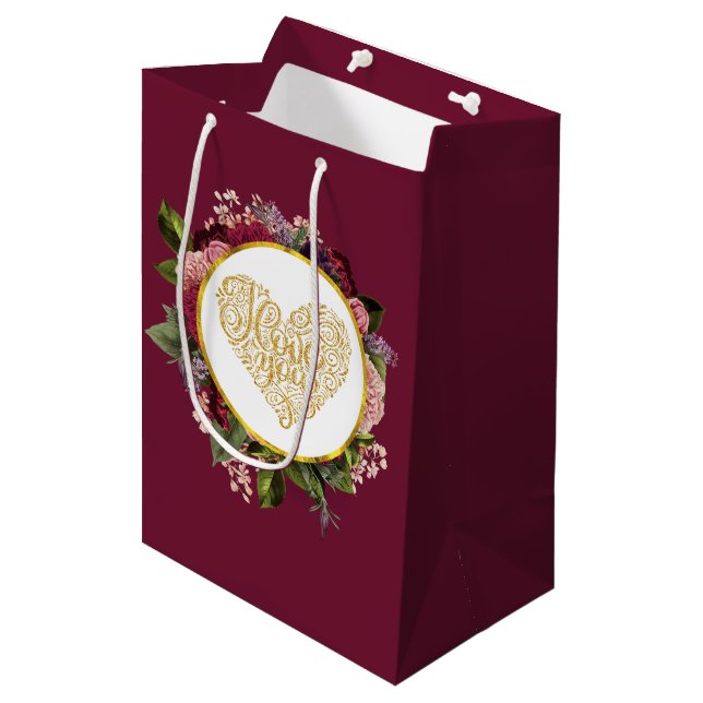 Sac Cadeau Moyen I Love You Fancy Golden Heart with Floral Frame (Devant Angle)