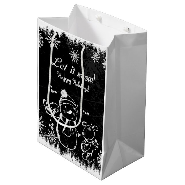 Sac Cadeau Moyen Illustration de Noël en noir et blanc (Devant Angle)