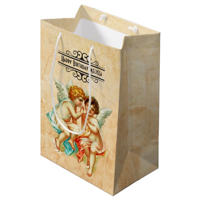 Sac Cadeau Moyen Illustration vintage Ephemera Angel Cherubs (Devant Angle)